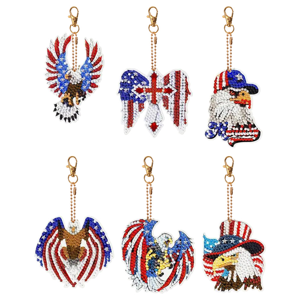 6Pcs Double Sided Independence Day Eagle Diamond Painting Keychain Pendant