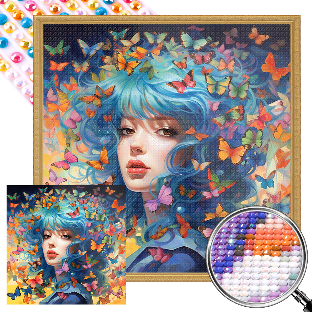 AB Diamond Painting - Full Round - Butterfly and blue-haired beauty (40*40CM)
