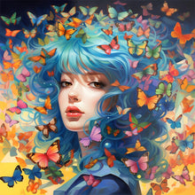 Load image into Gallery viewer, AB Diamond Painting - Full Round - Butterfly and blue-haired beauty (40*40CM)
