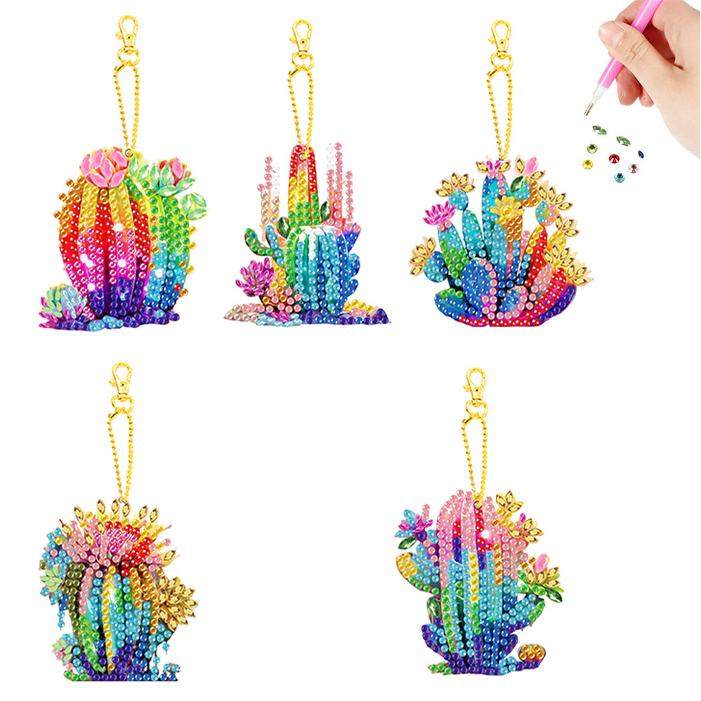 5 Pcs Double Side Cacti Diamond Art Keyring for Birthday Crafting Party Decor