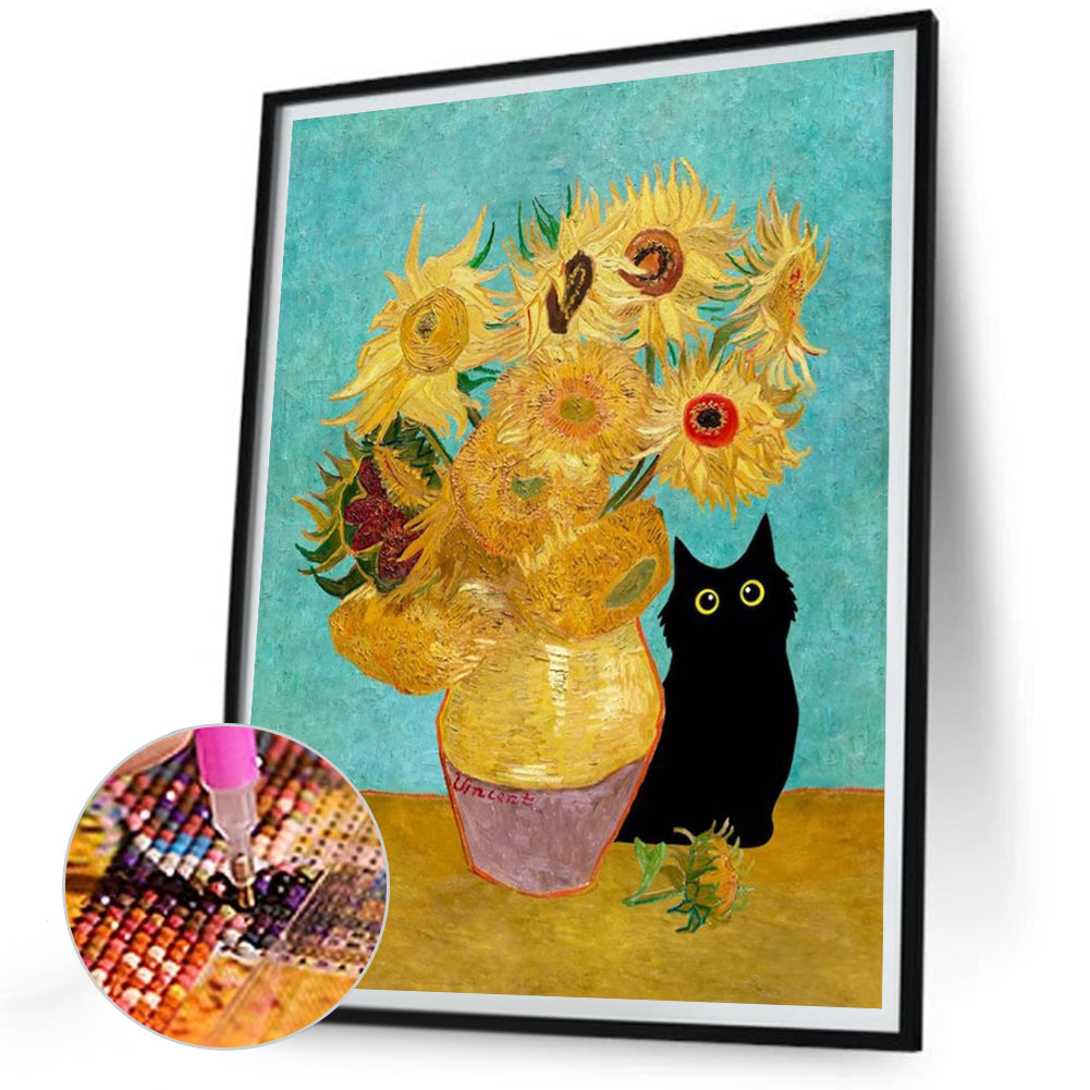 Diamond Painting - Full Round - Van Gogh Sunflowers and Little Black Cat (30*40CM)
