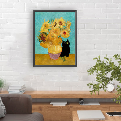 Diamond Painting - Full Round - Van Gogh Sunflowers and Little Black Cat (30*40CM)