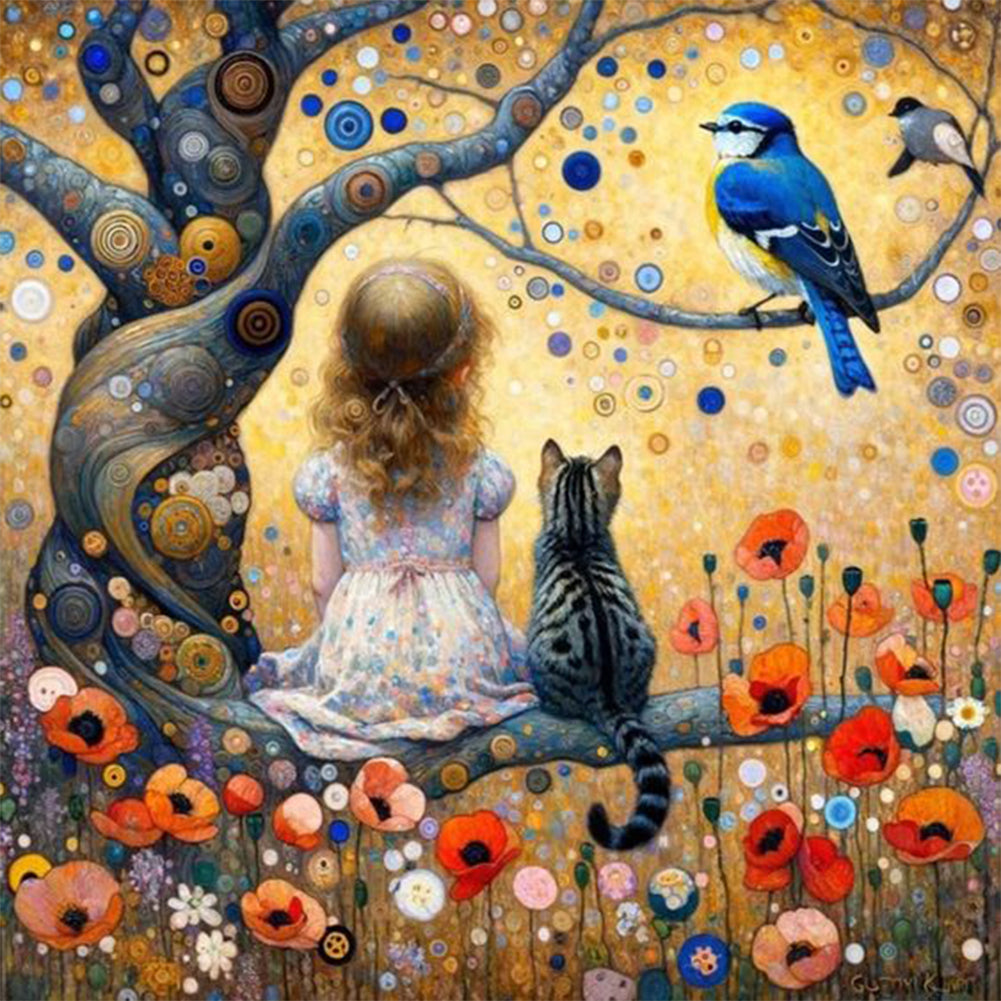 Diamond Painting - Full Round - kids and kittens and birds (30*30CM)