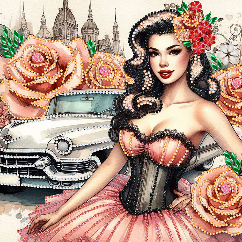 Diamond Painting - Partial Special Shaped - retro girl (30*30CM)