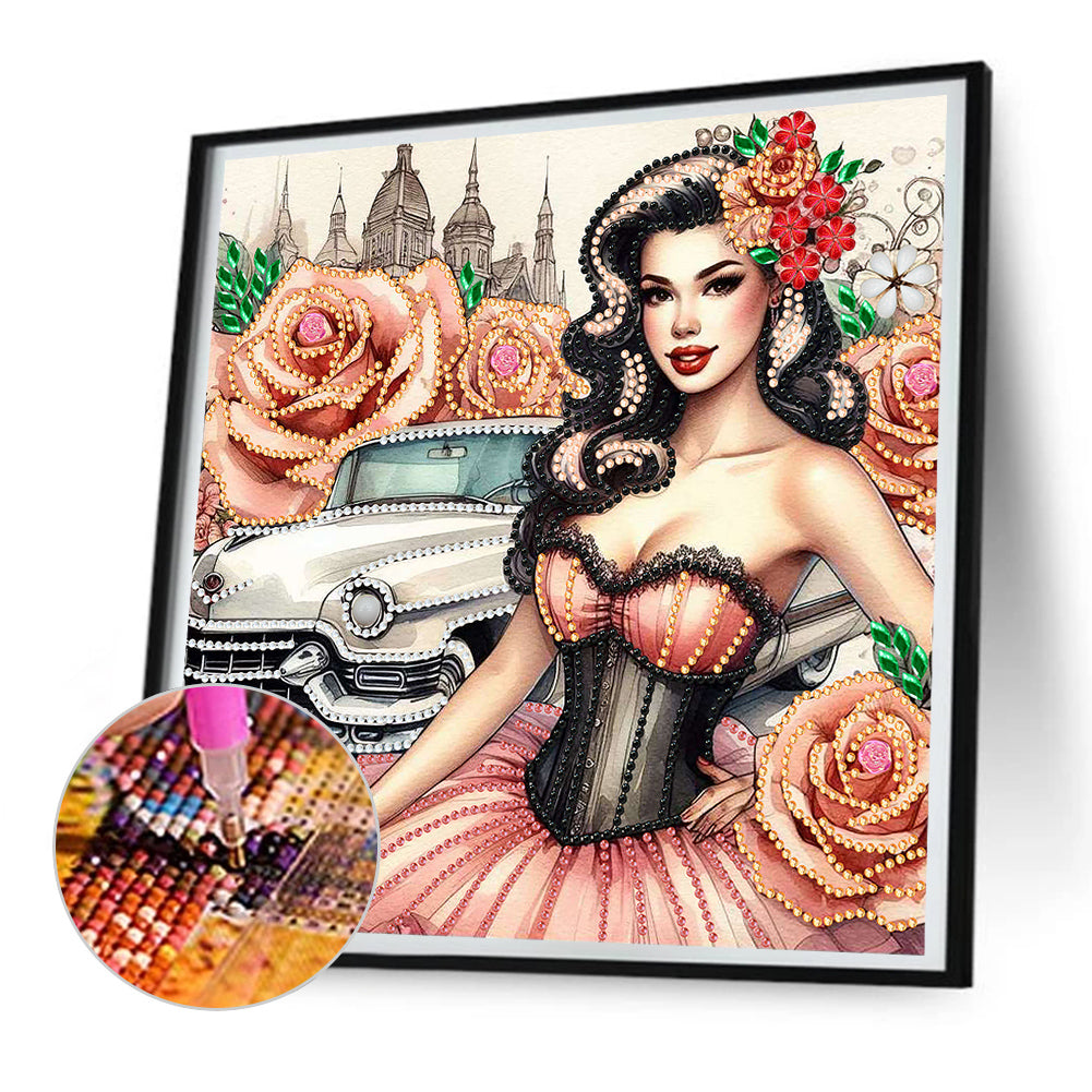 Diamond Painting - Partial Special Shaped - retro girl (30*30CM)