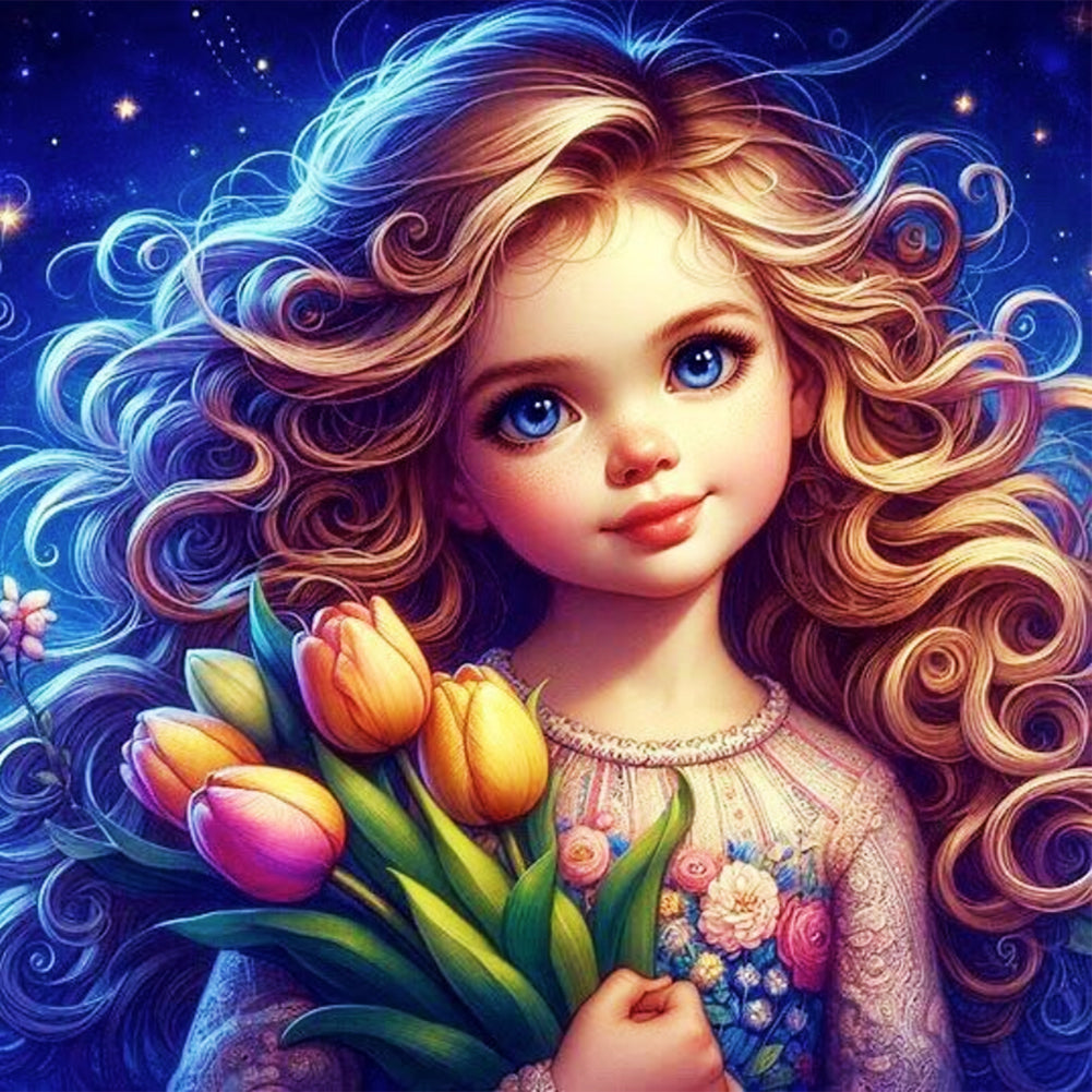 Diamond Painting - Full Round - little girl holding flowers (40*40CM)