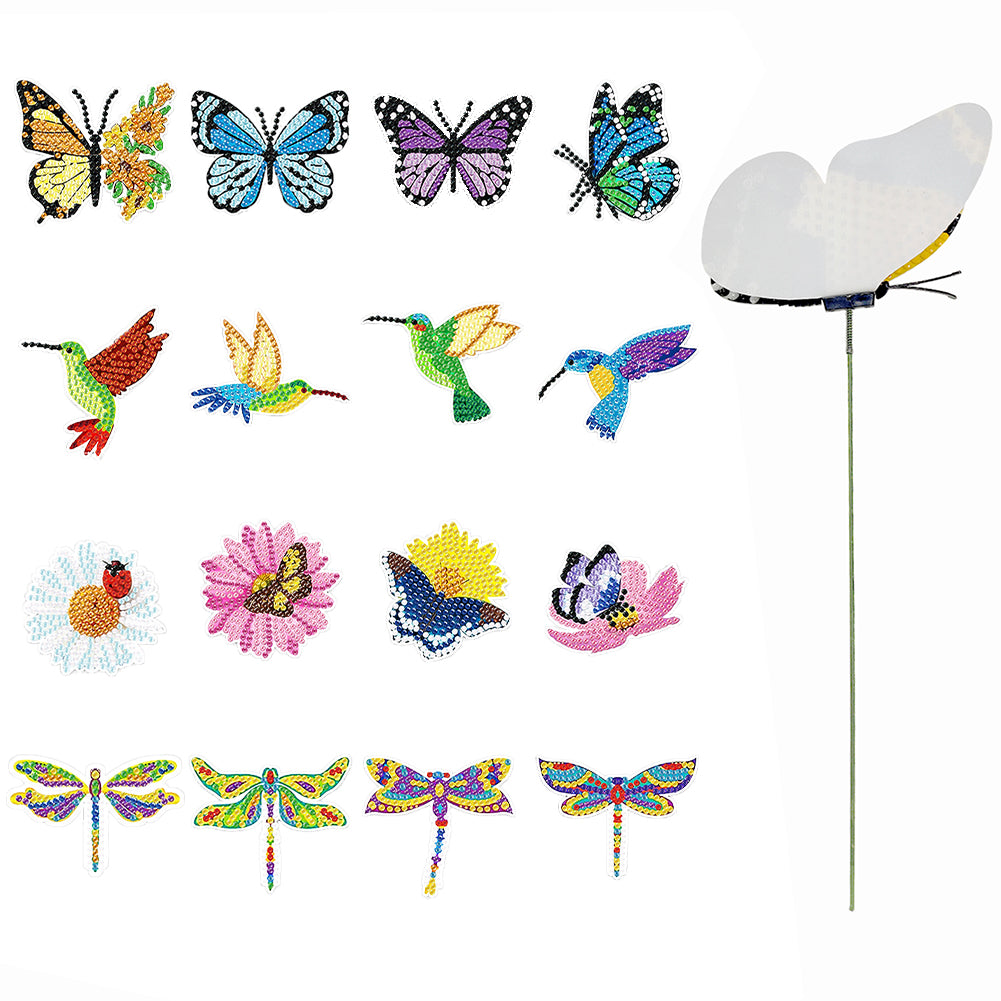 16Pcs Butterfly Hummingbird Dragonfly Stakes Diamond Art Kits for Kids Beginners