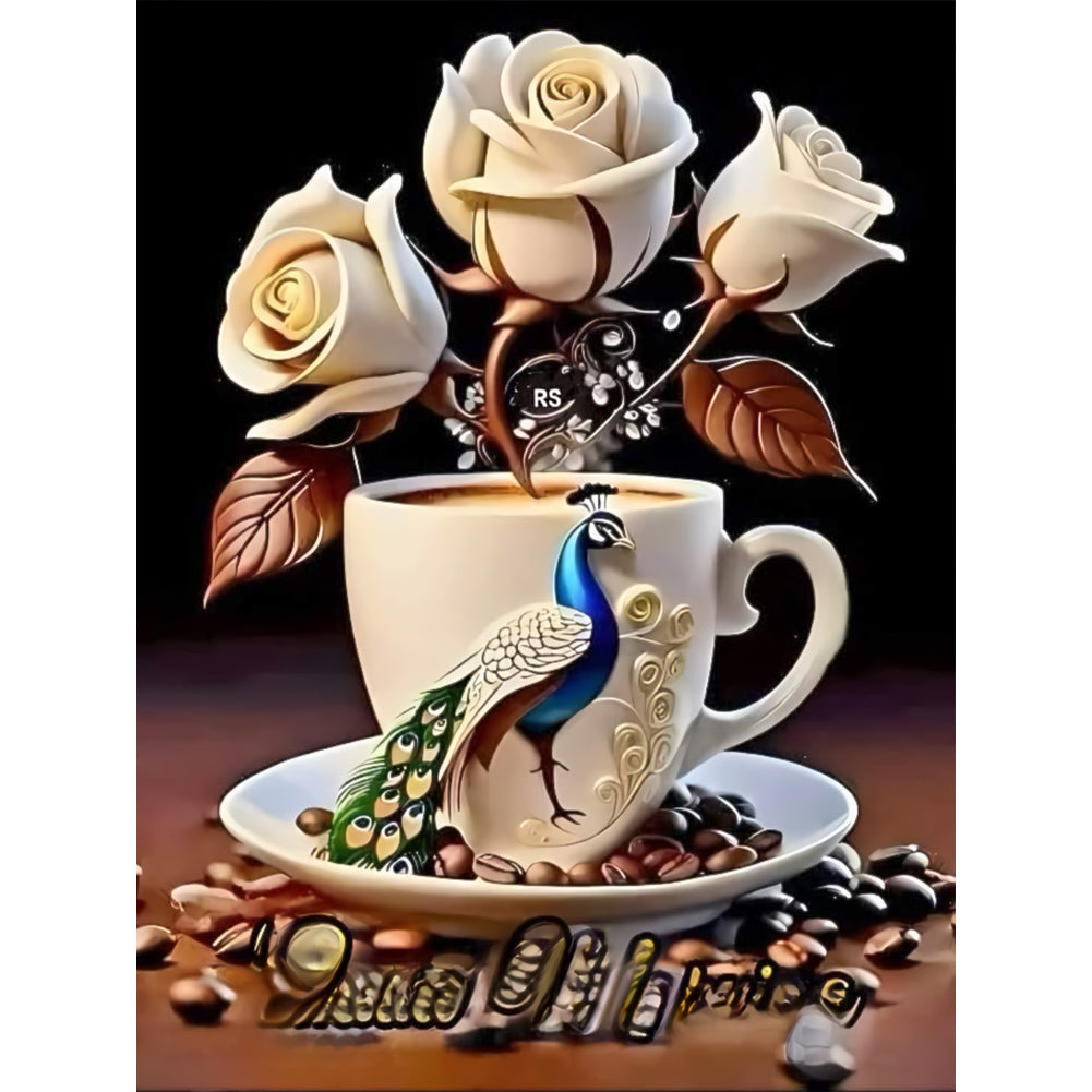 Diamond Painting - Full Round - White Rose Peacock Cup (30*40CM)