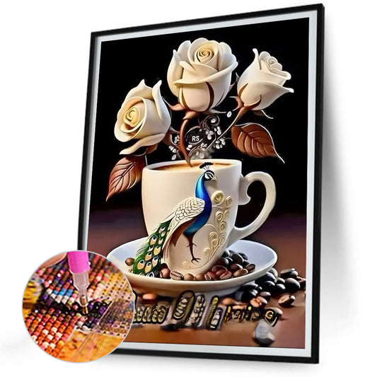 Diamond Painting - Full Round - White Rose Peacock Cup (30*40CM)