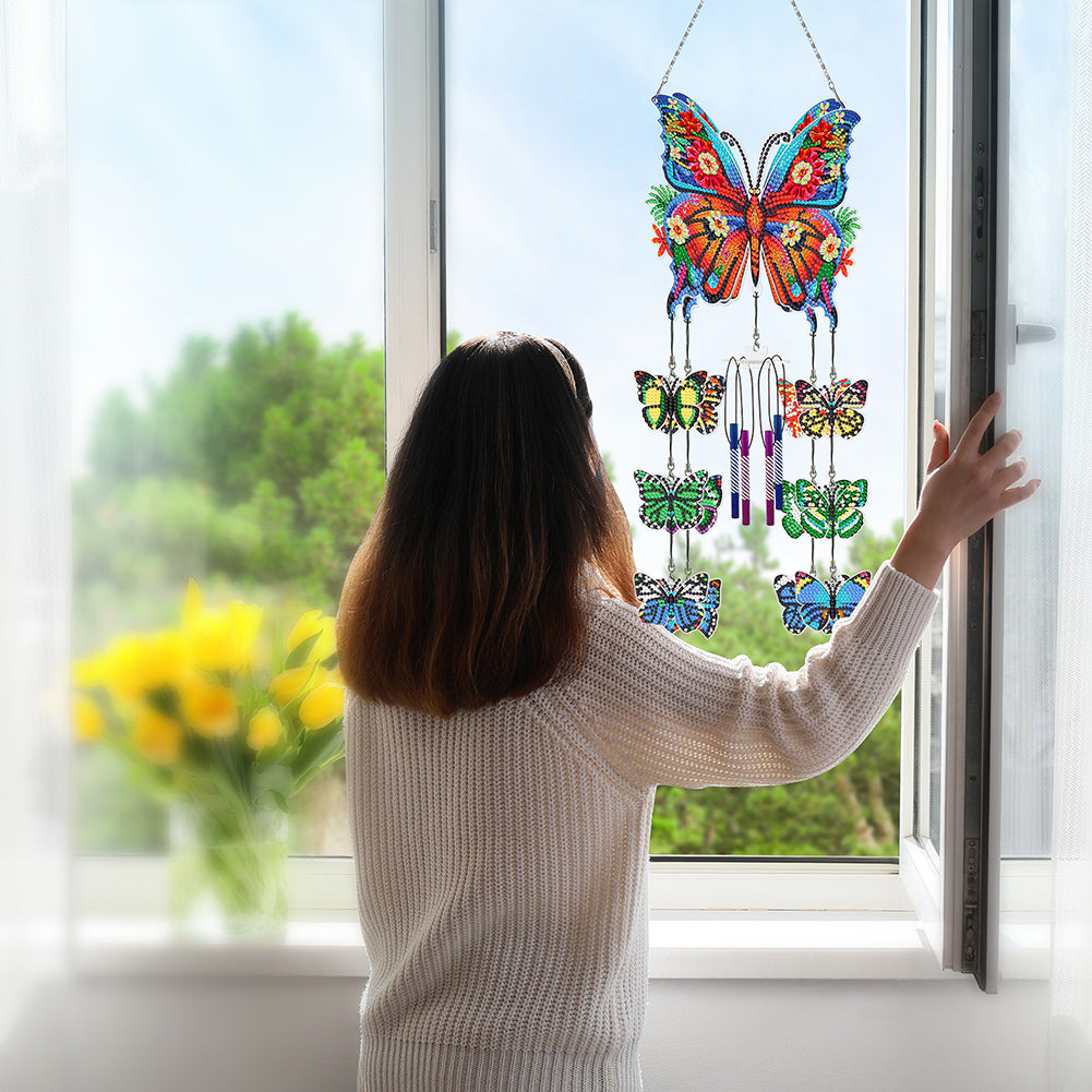 Flower Butterflies Wind Chime Double Sided Diamond Painting Hanging Pendant