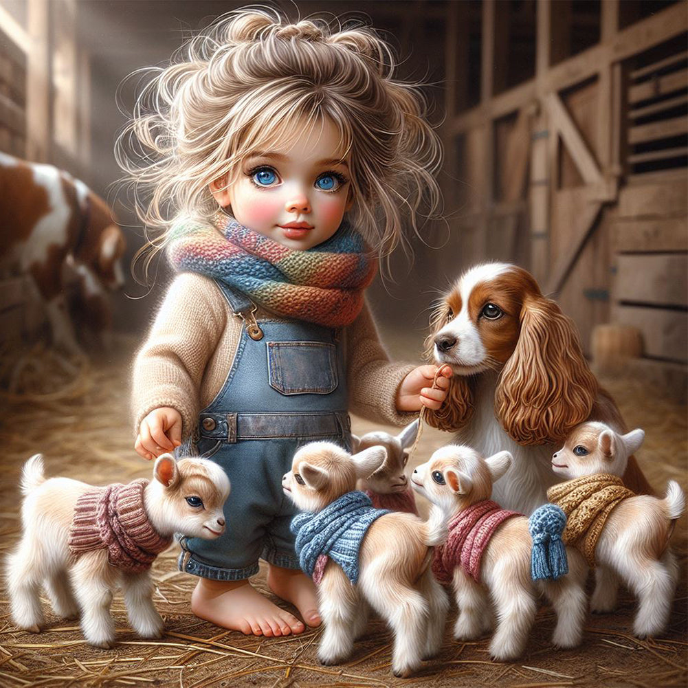 Diamond Painting - Full Round - Girl with animal puppy (30*30CM)