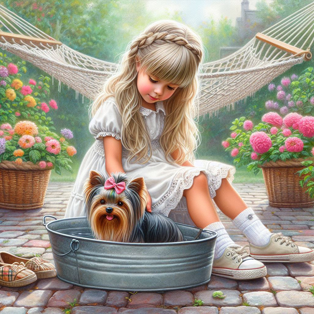 Diamond Painting - Full Round - Girl with animal puppy (30*30CM)