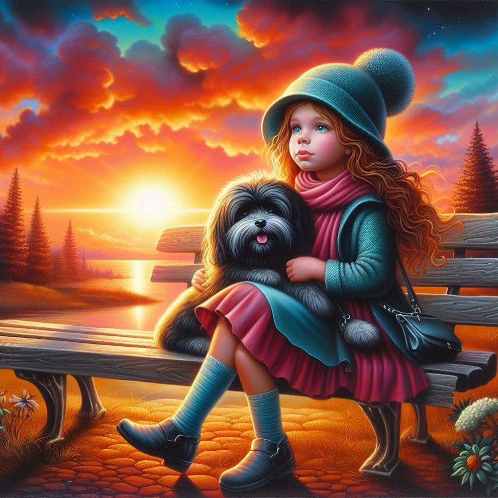 Diamond Painting - Full Round - Girl with animal puppy (30*30CM)