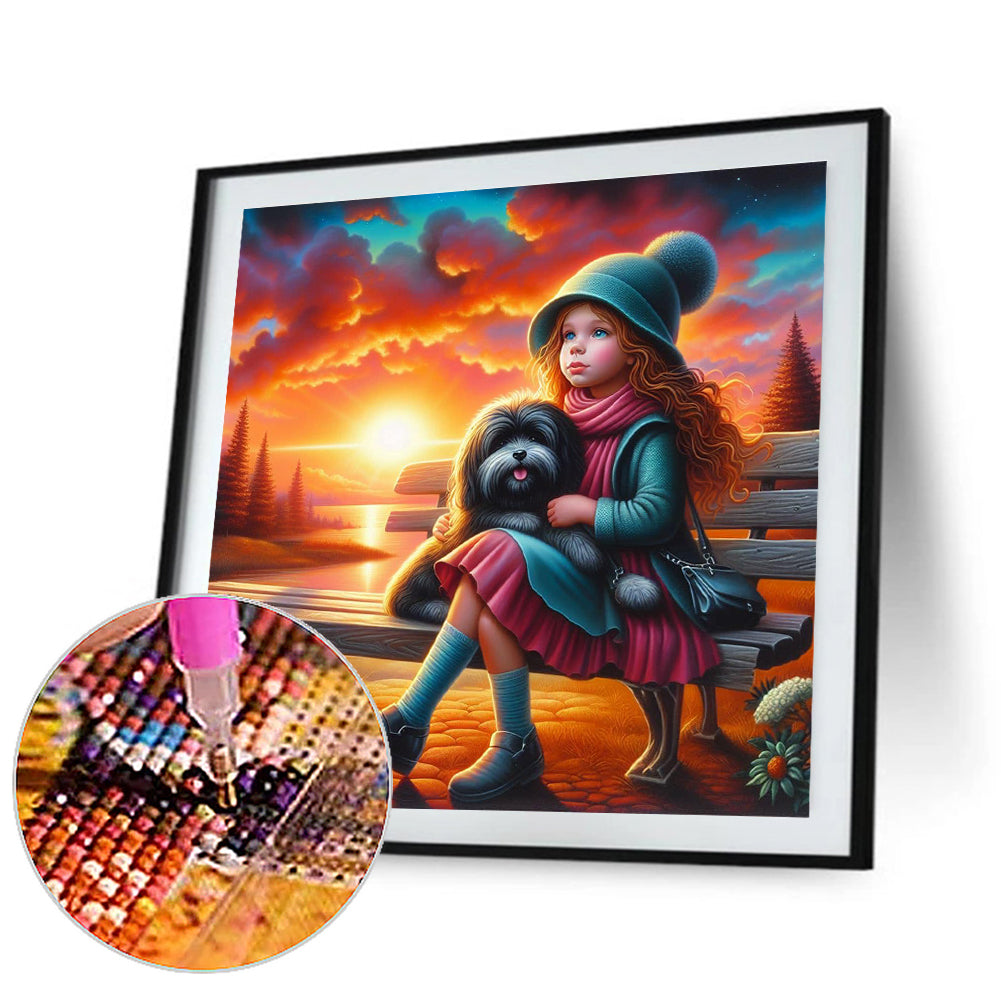 Diamond Painting - Full Round - Girl with animal puppy (30*30CM)