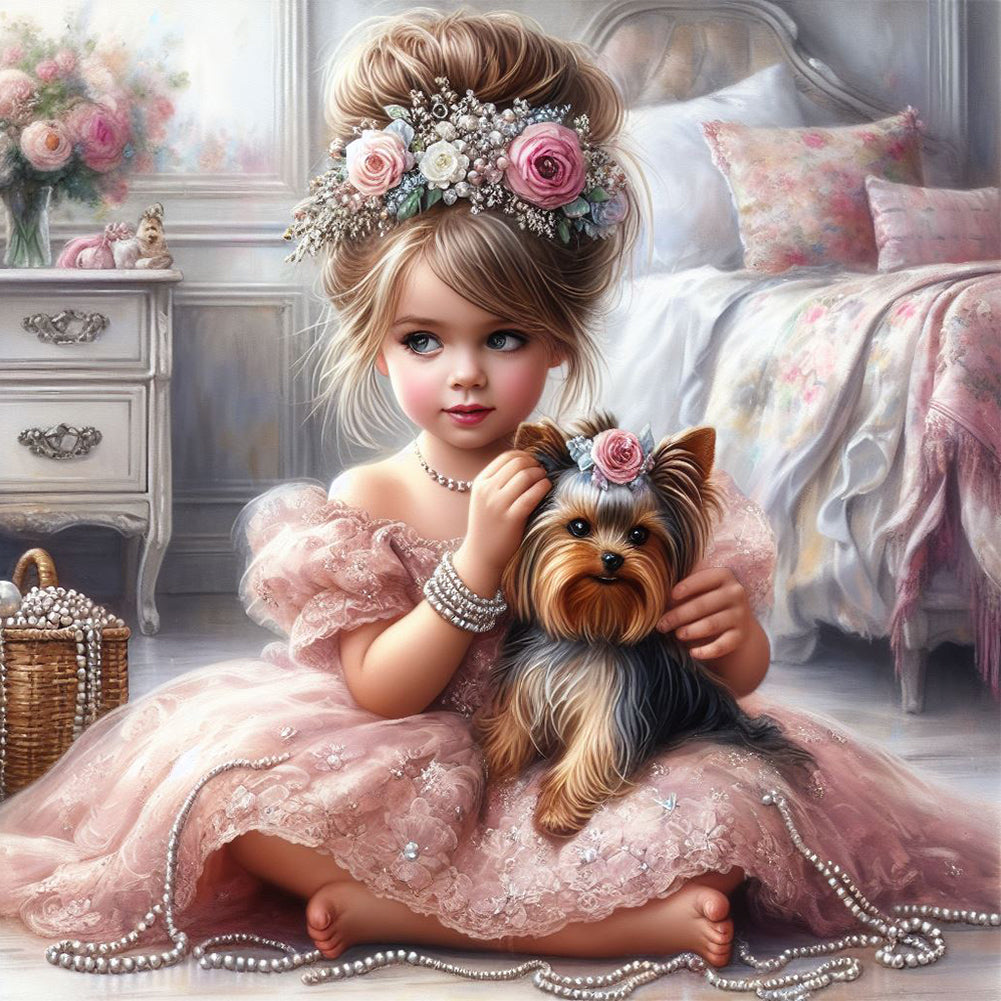 Diamond Painting - Full Round - Girl with animal puppy (30*30CM)