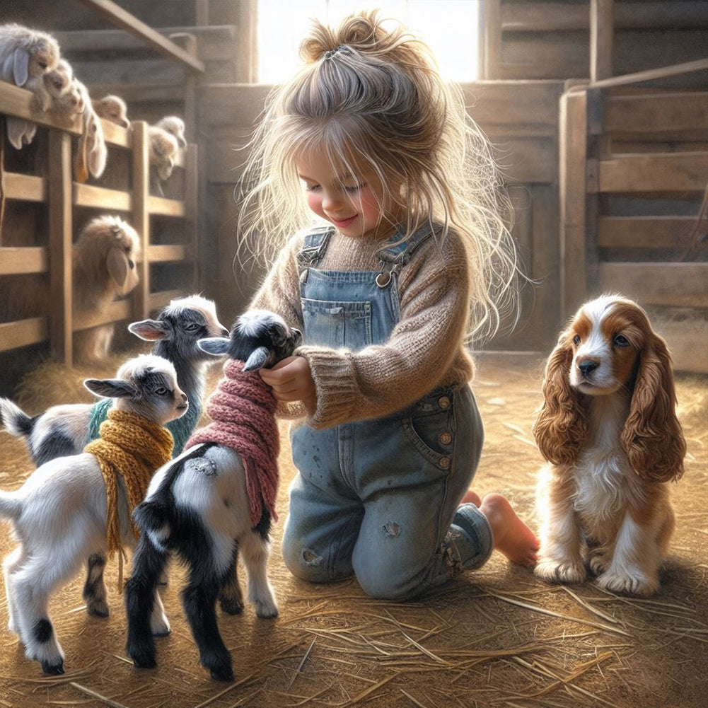 Diamond Painting - Full Round - Girl with animal puppy lamb (30*30CM)