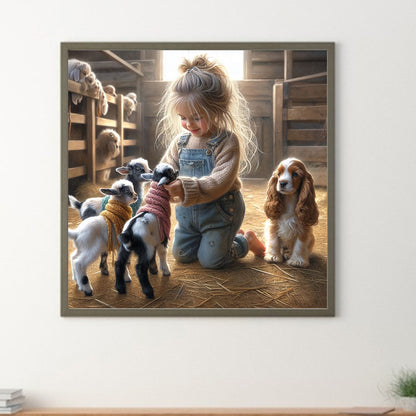 Diamond Painting - Full Round - Girl with animal puppy lamb (30*30CM)
