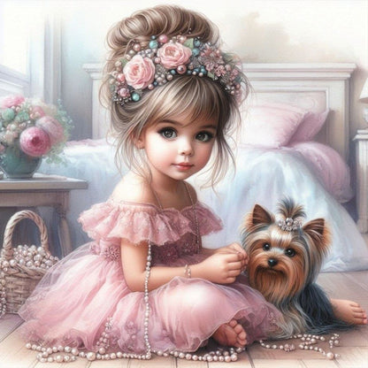 Diamond Painting - Full Round - Girl with animal puppy (30*30CM)