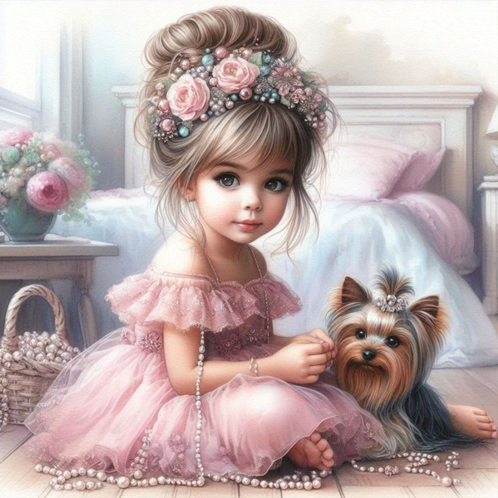 Diamond Painting - Full Round - Girl with animal puppy (30*30CM)