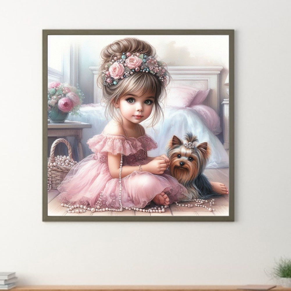 Diamond Painting - Full Round - Girl with animal puppy (30*30CM)