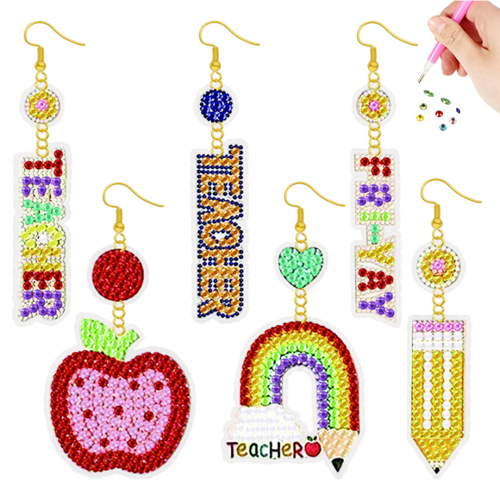 6 Pairs Double Sided Teacher Diamond Painting Earrings Mosaic Drill Earring Kits