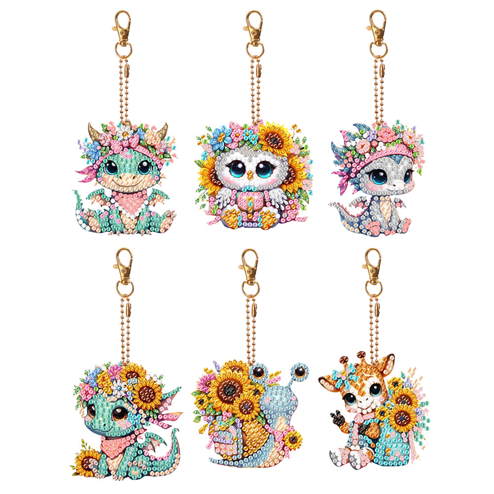6Pcs Double Sided Flower Animal Diamond Art Keyring Cute Animal DIY Crafts Decor