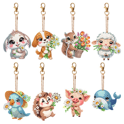 8Pcs Double Sided Cute Animal Diamond Art Keyring for Home Birthday Party Decor