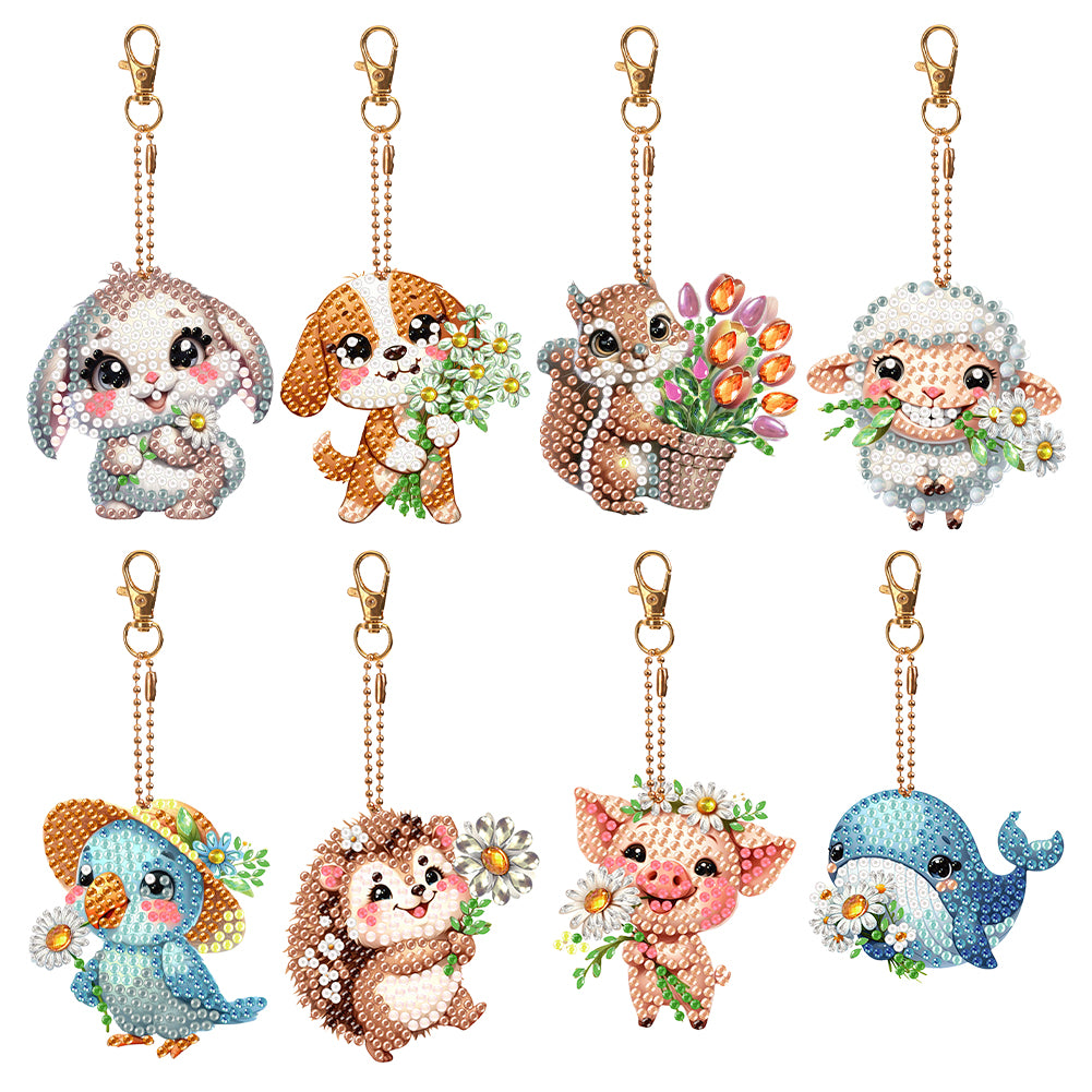 8Pcs Double Sided Cute Animal Diamond Art Keyring for Home Birthday Party Decor
