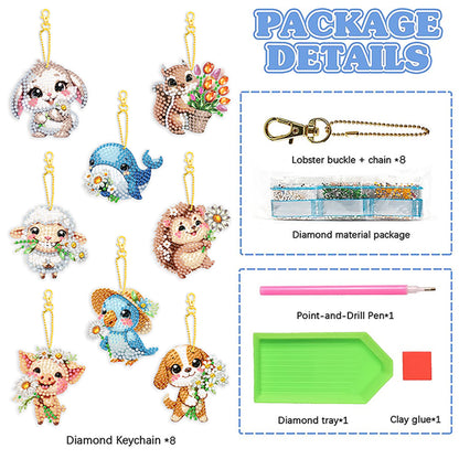 8Pcs Double Sided Cute Animal Diamond Art Keyring for Home Birthday Party Decor