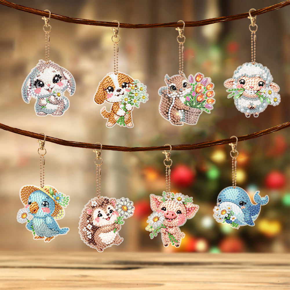 8Pcs Double Sided Cute Animal Diamond Art Keyring for Home Birthday Party Decor