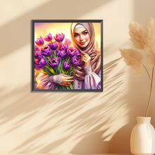Load image into Gallery viewer, Diamond Painting - Full Round - Woman in headscarf holding flowers (30*30CM)
