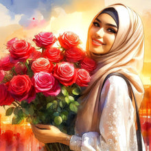 Load image into Gallery viewer, Diamond Painting - Full Round - Woman in headscarf holding flowers (30*30CM)
