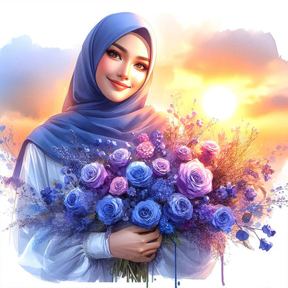 Diamond Painting - Full Round - Woman in headscarf holding flowers (30*30CM)