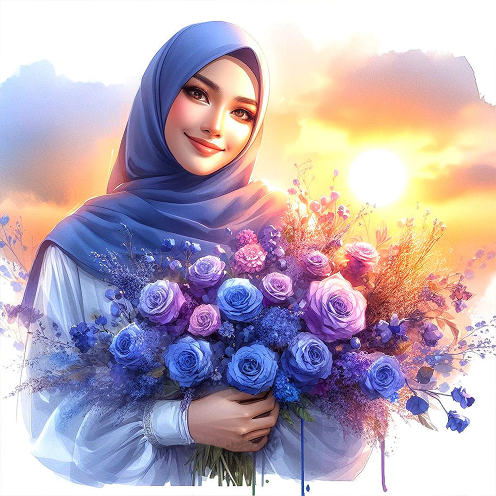 Diamond Painting - Full Round - Woman in headscarf holding flowers (30*30CM)