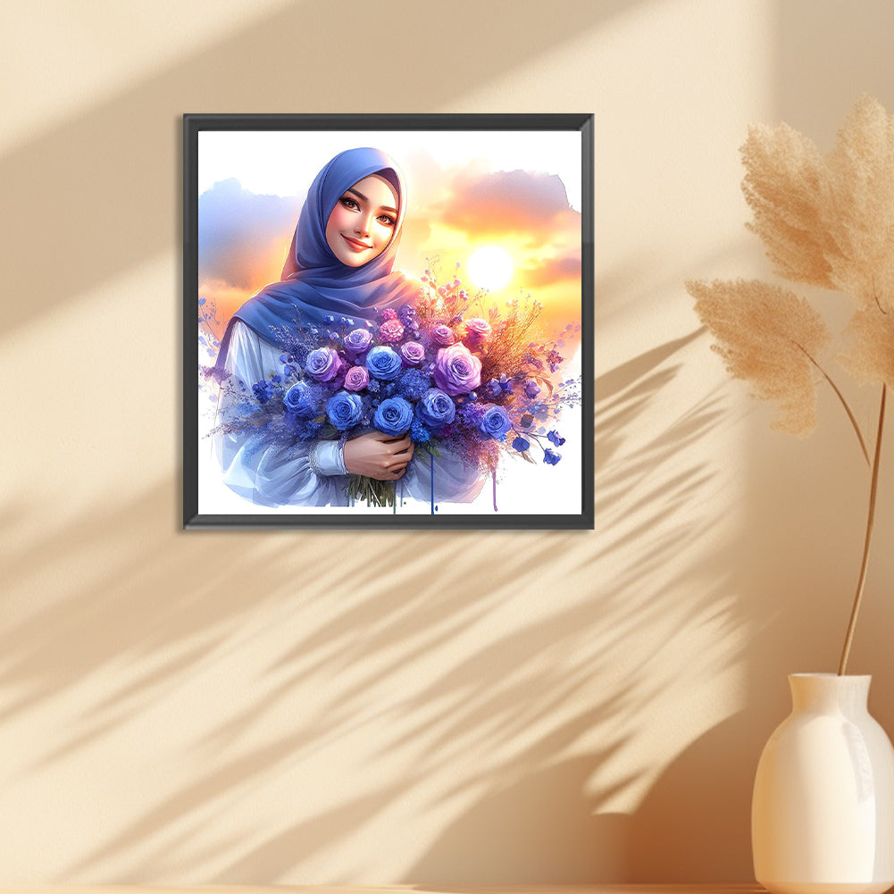 Diamond Painting - Full Round - Woman in headscarf holding flowers (30*30CM)