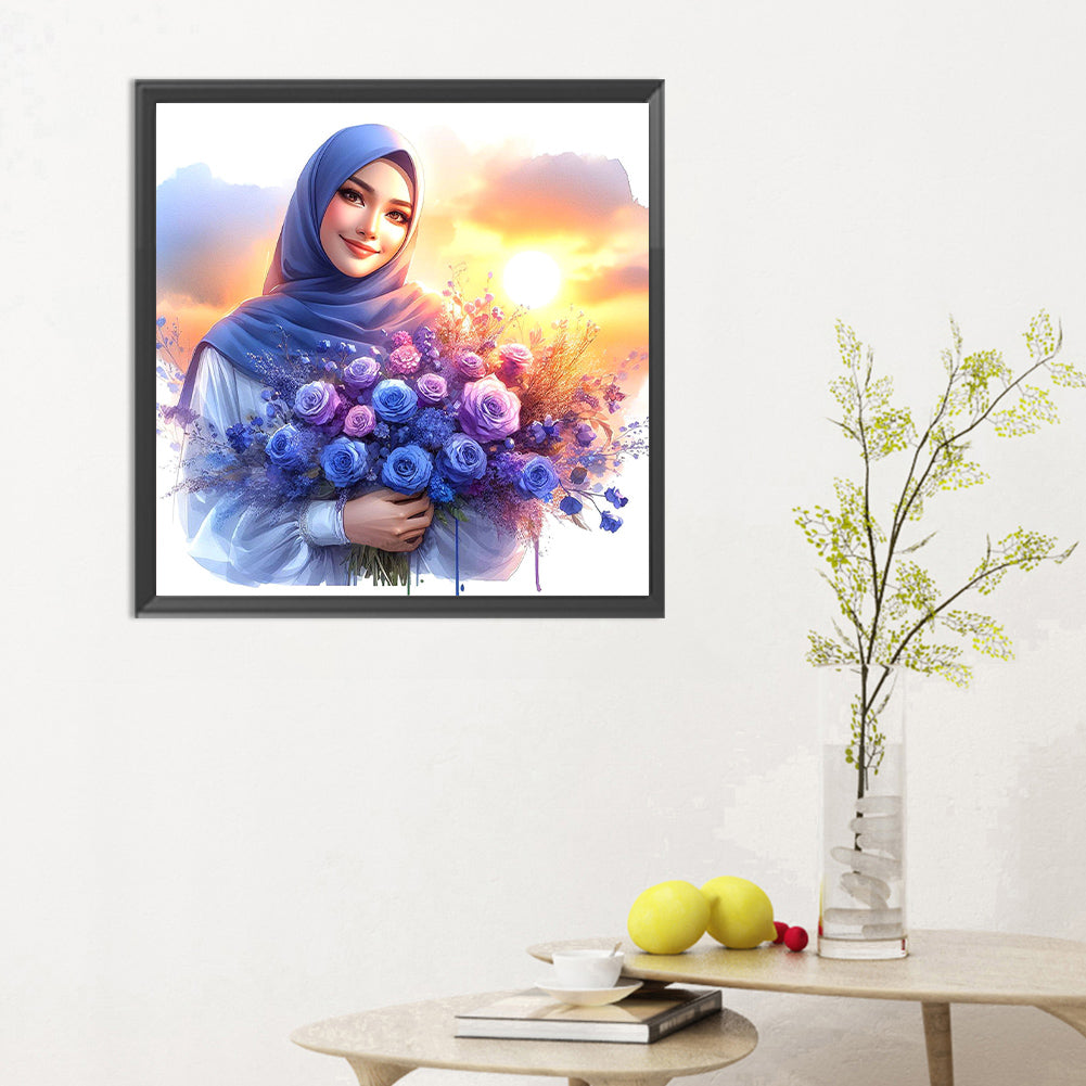 Diamond Painting - Full Round - Woman in headscarf holding flowers (30*30CM)