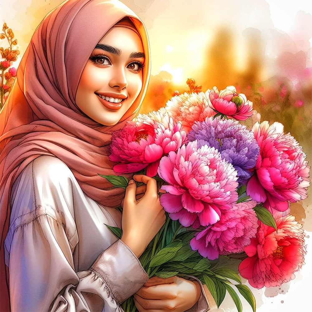 Diamond Painting - Full Round - Woman in headscarf holding flowers (30*30CM)