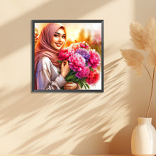 Load image into Gallery viewer, Diamond Painting - Full Round - Woman in headscarf holding flowers (30*30CM)
