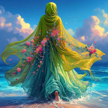 Load image into Gallery viewer, Diamond Painting - Full Round - Woman in headscarf with flowers on the beach (30*30CM)
