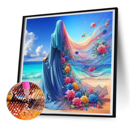 Diamond Painting - Full Round - Woman in headscarf with flowers on the beach (30*30CM)