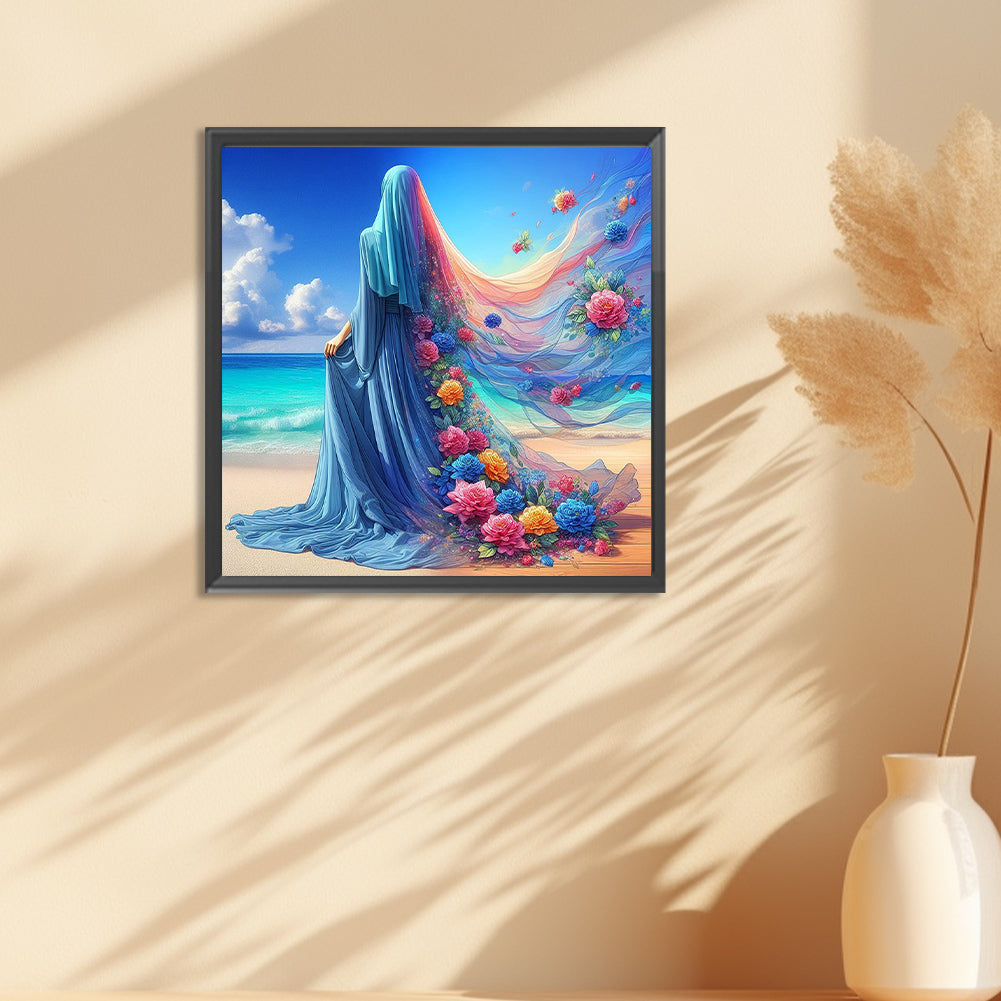 Diamond Painting - Full Round - Woman in headscarf with flowers on the beach (30*30CM)