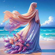 Load image into Gallery viewer, Diamond Painting - Full Round - Woman in headscarf with flowers on the beach (30*30CM)
