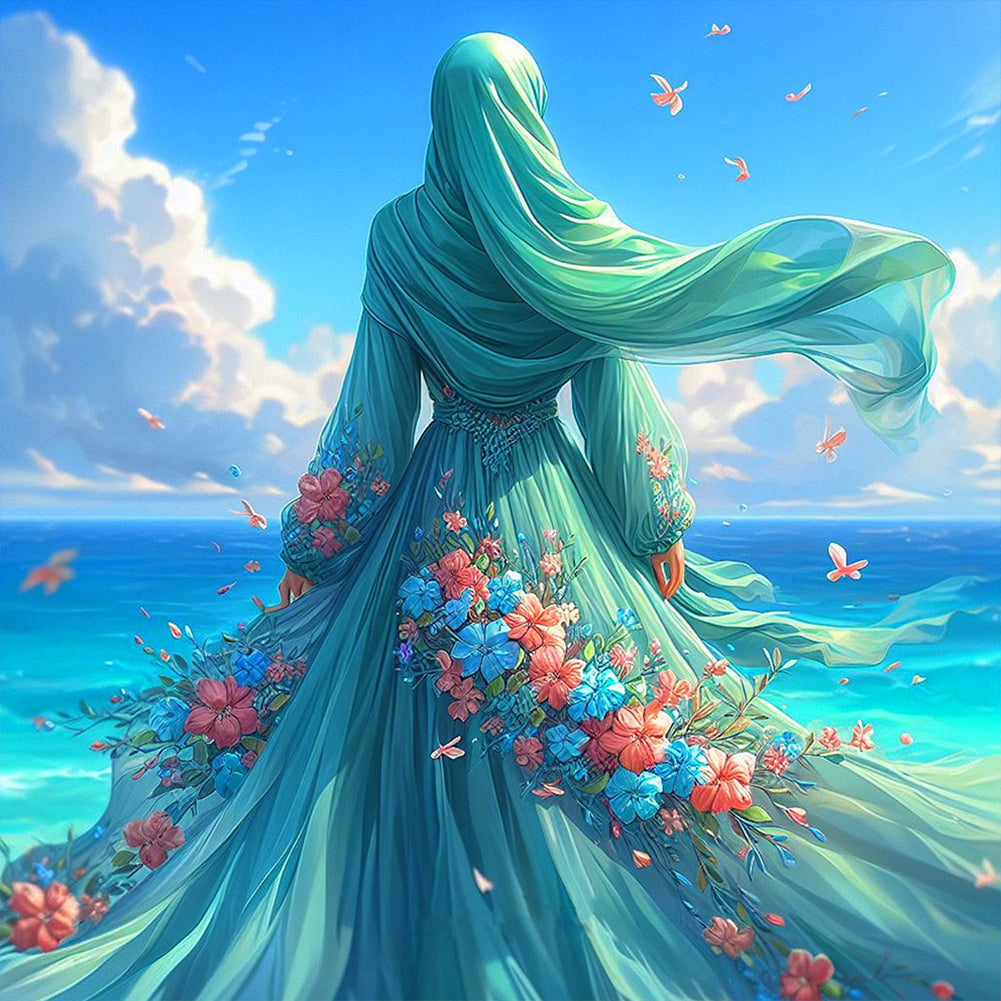 Diamond Painting - Full Round - Woman in headscarf with flowers on the beach (30*30CM)