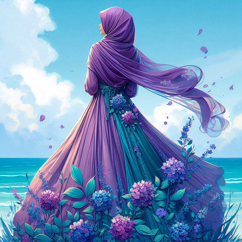 Diamond Painting - Full Round - Woman in headscarf with flowers on the beach (30*30CM)