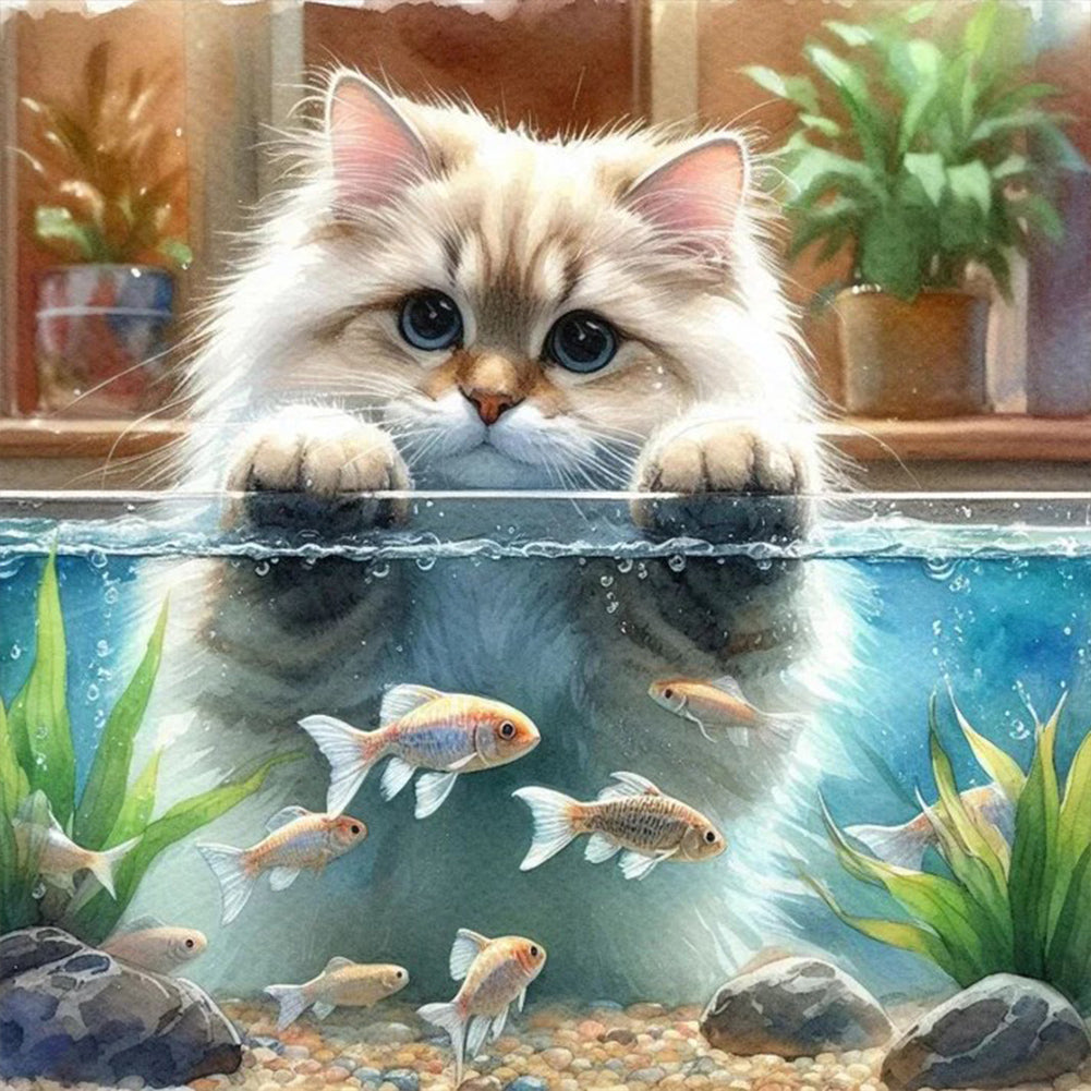 Diamond Painting - Full Round - Cat and fish (30*30CM)