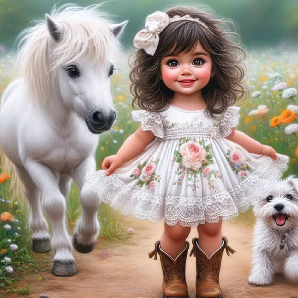 Diamond Painting - Full Round - Sunshine girl with pony and puppy (30*30CM)