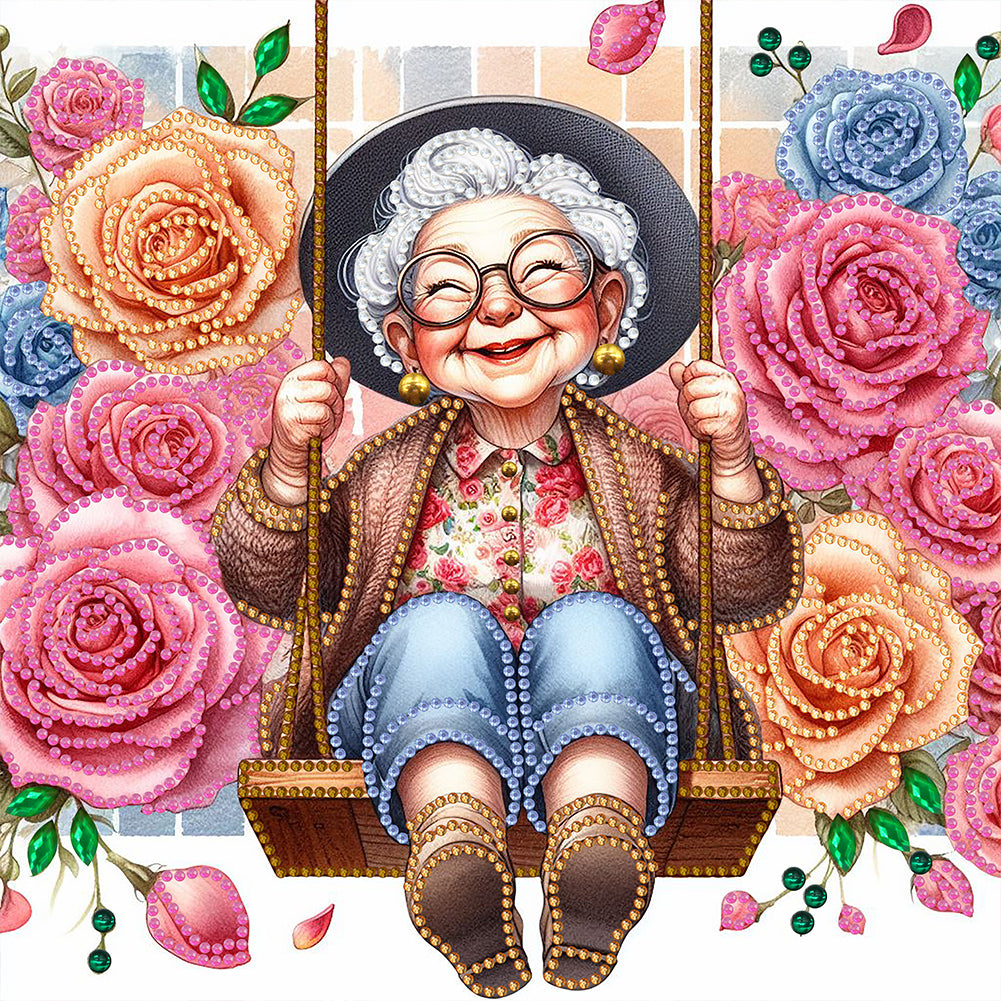 Diamond Painting - Partial Special Shaped - Optimistic old lady on swing (30*30CM)