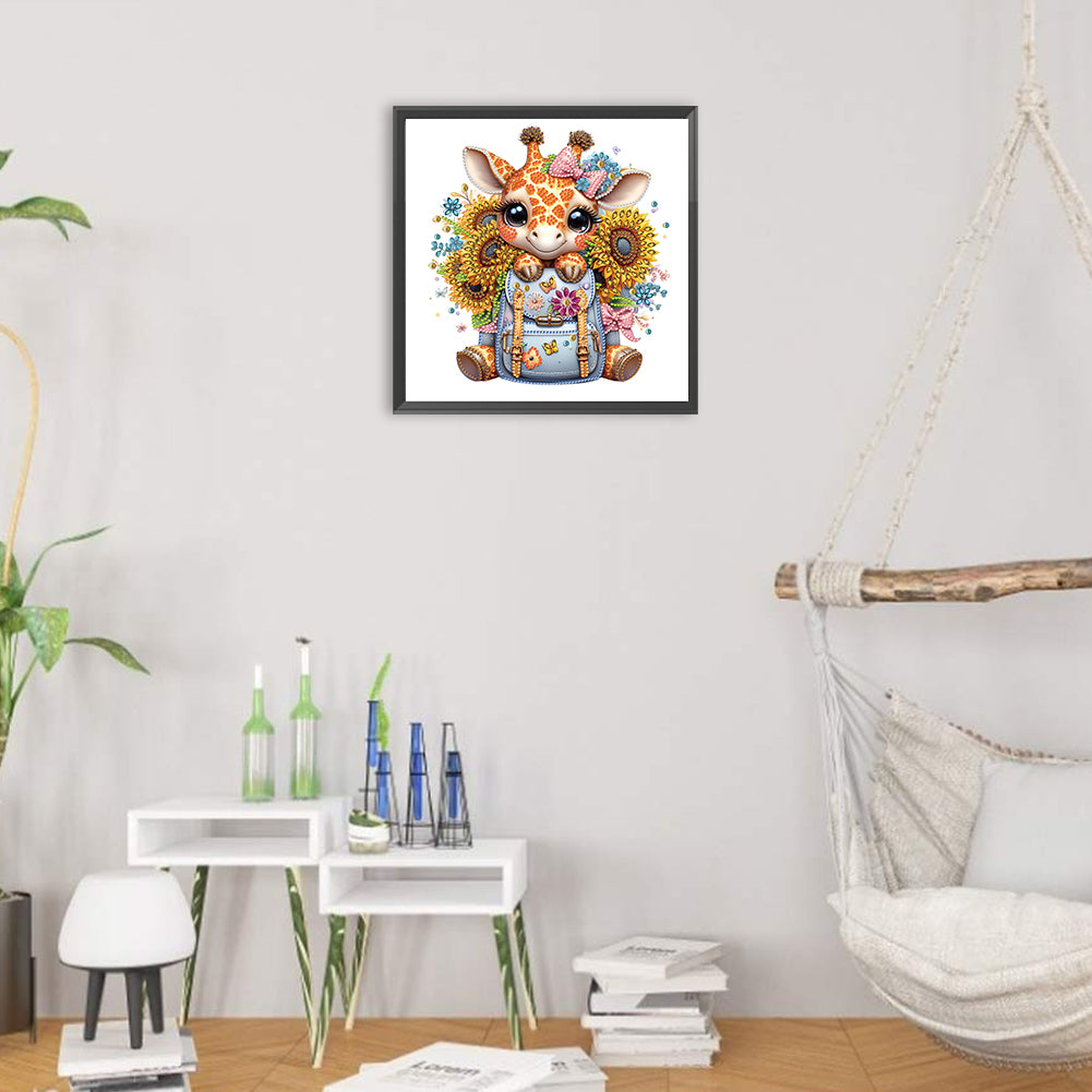 Diamond Painting - Partial Special Shaped - Little giraffe with sunflowers in school season (30*30CM)