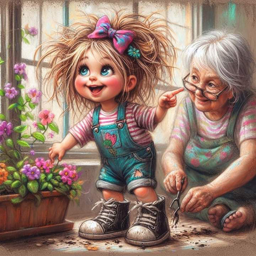 Diamond Painting - Full Round - Granny and little girl with afro hair (30*30CM)
