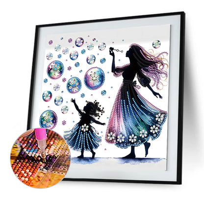 Diamond Painting - Partial Special Shaped - Mother and daughter with colorful bubbles (30*30CM)